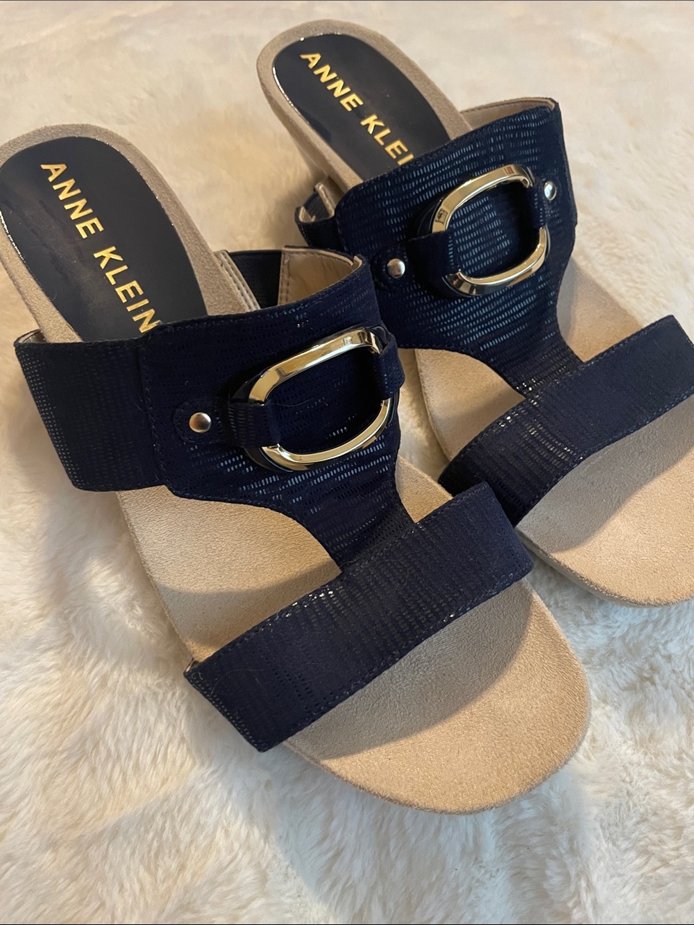 Anne Klein Navy and Beige Slide wedges Mules with Gold Buckle 8 1/2